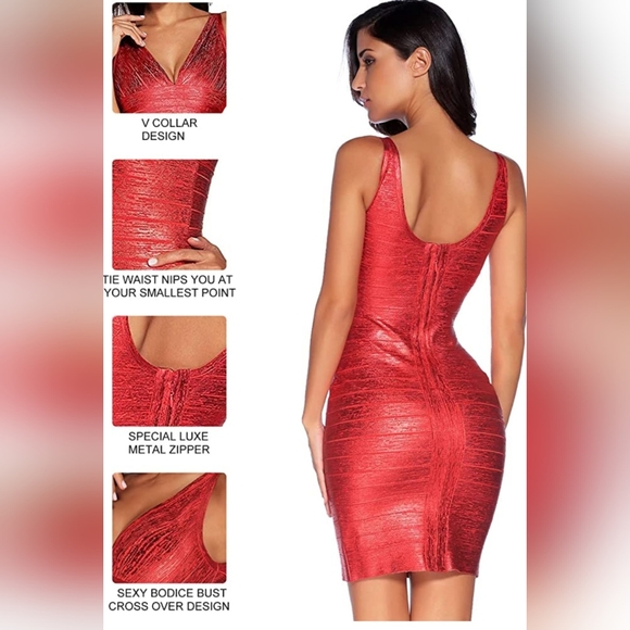 🔥Sexy Red Sparkly Rayon V-Neck Bandage Bodycon Club Dress Women's M - Picture 3 of 10